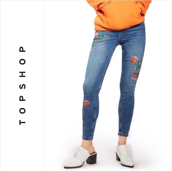 Topshop Floral Embroidered High Rise Jamie Jeans - Picture 1 of 9